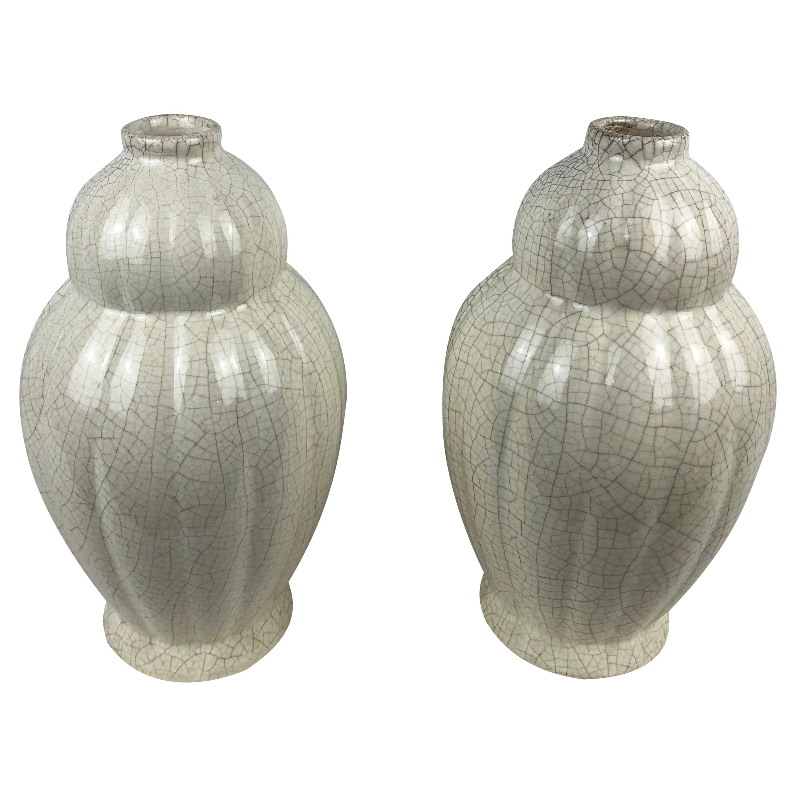 Pair of French Art Deco Saint Clement Crackle Ceramic Vases