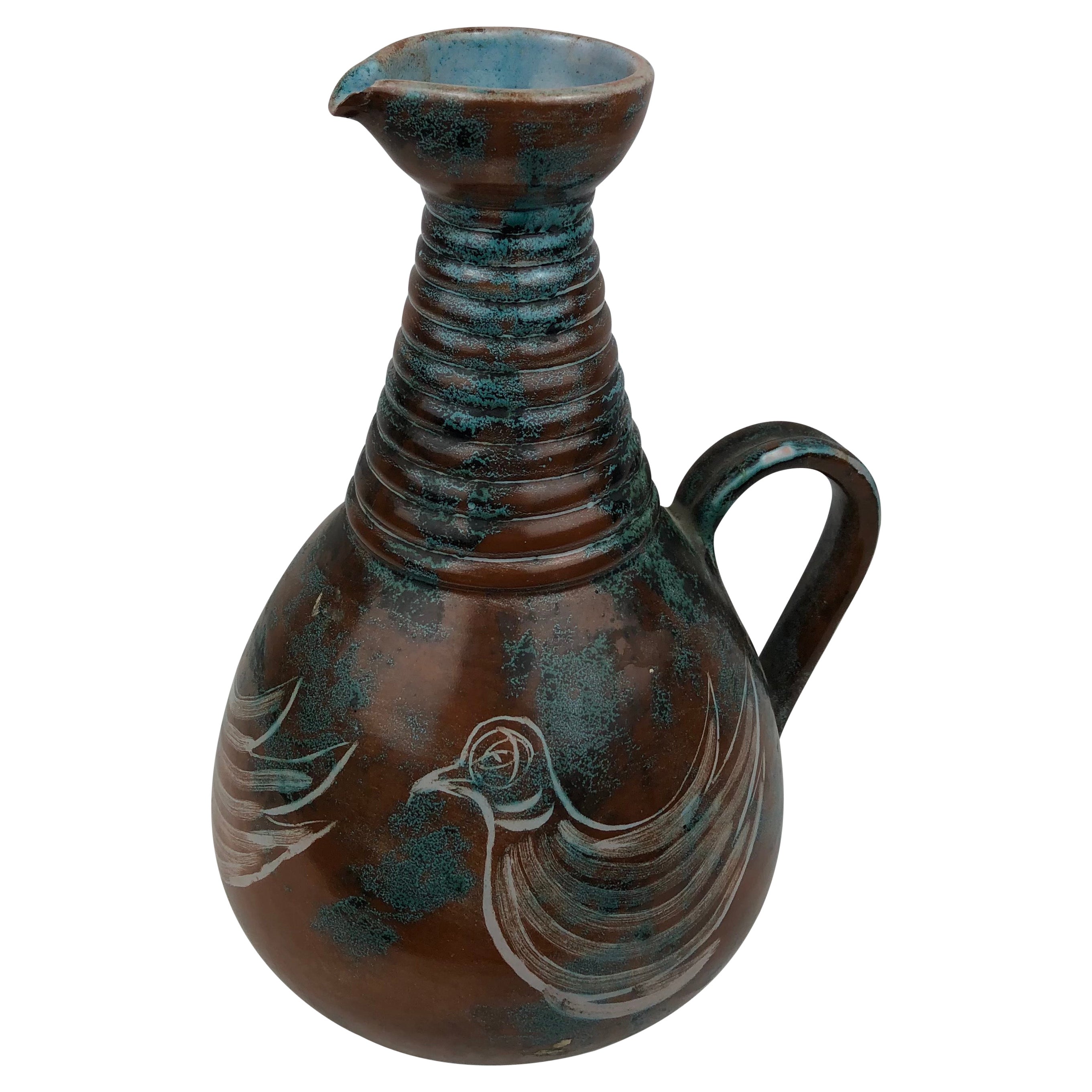 French Midcentury Glazed Ceramic Ewer-Form Vase, Signed Montgolfier