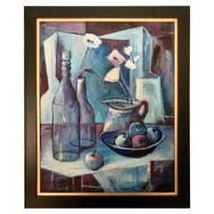 Vintage Signed Acrylic Blue Cubist Painting on Canvas 