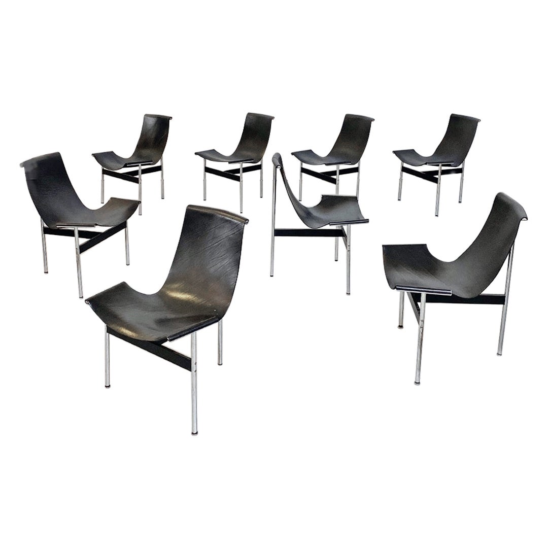 Mid-Century Chromed Black Leather T Chairs, Katavolos, Kelley, Littell, Laverne For Sale