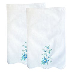 Vintage White Linen Hand Embroidered Floral Motif Hand Towels, Set of 2
