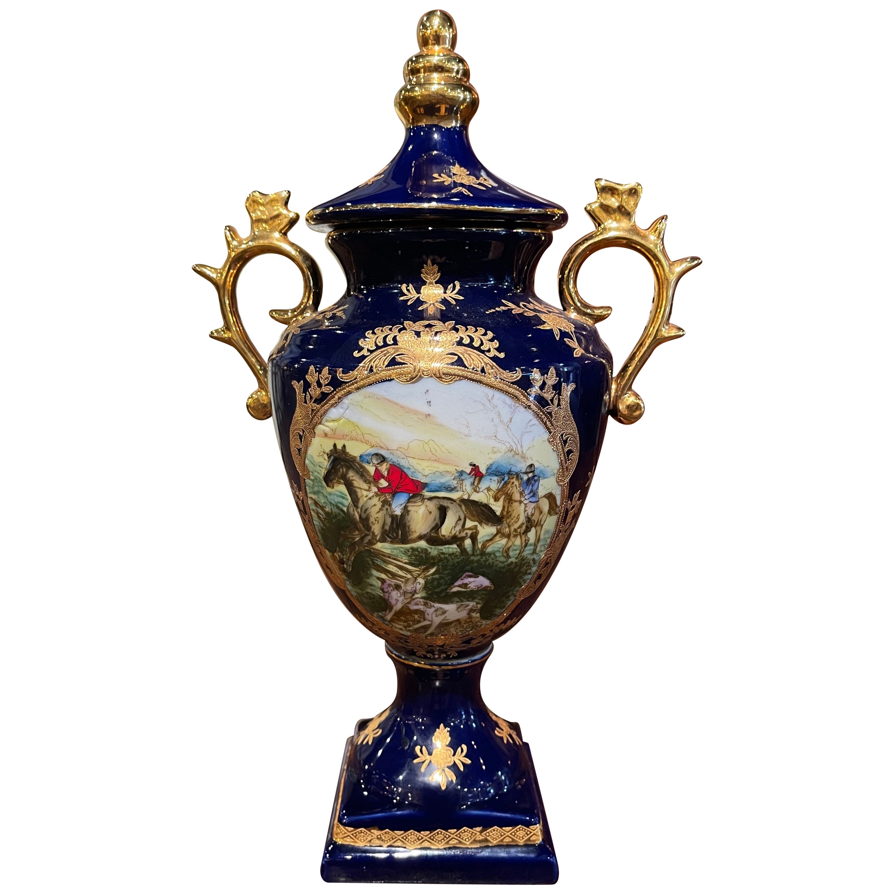 French Hand Painted Cobalt and Gilt Porcelain Sevres Style Urn with Hunt Motifs