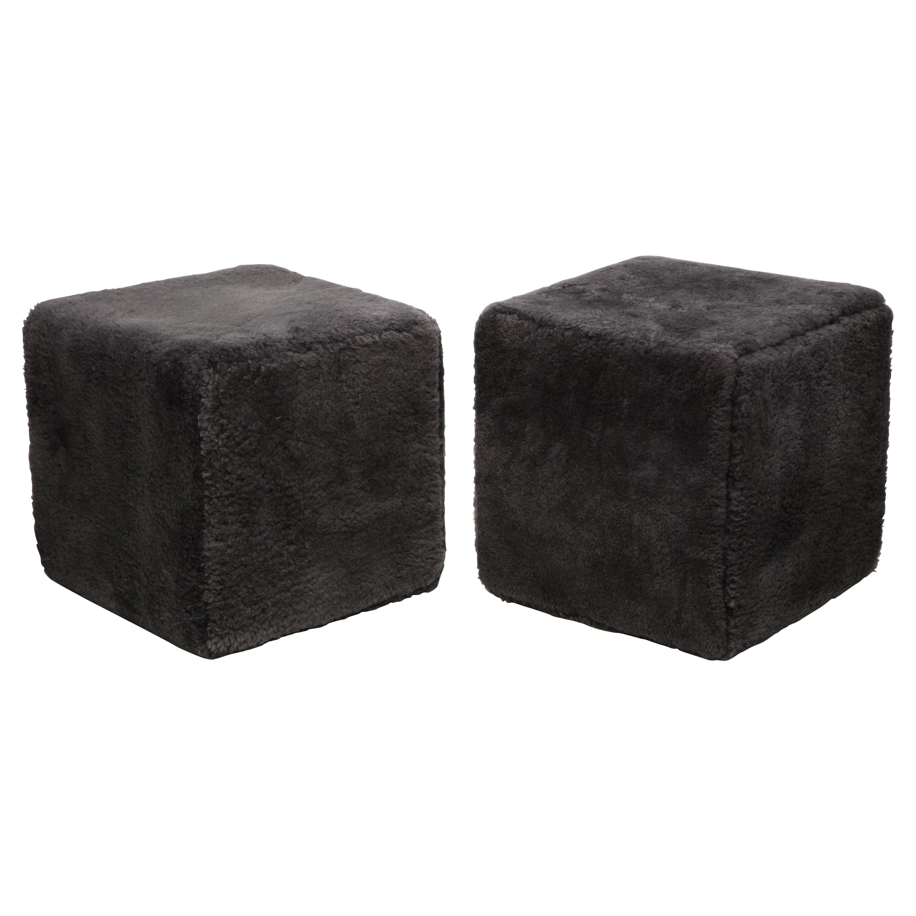 Venfield Custom Pair of Shearling Cube Foot Stools/Ottoman For Sale