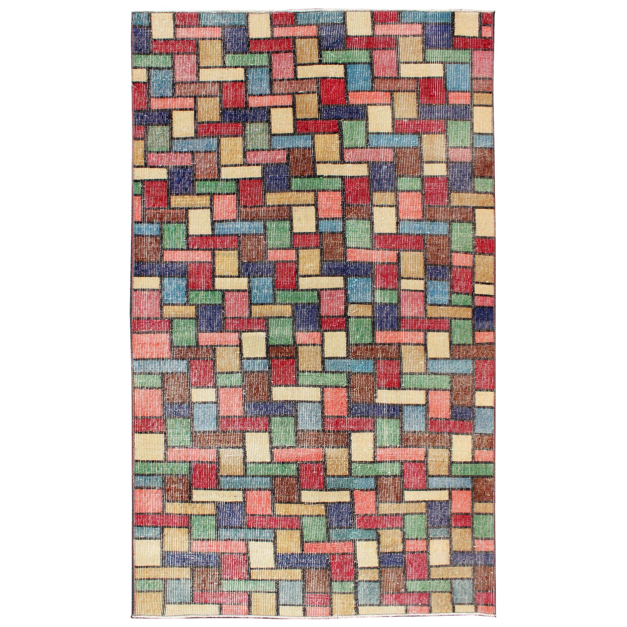 Vintage Rug with a Modern Design with Multi Colors in Multi Colors