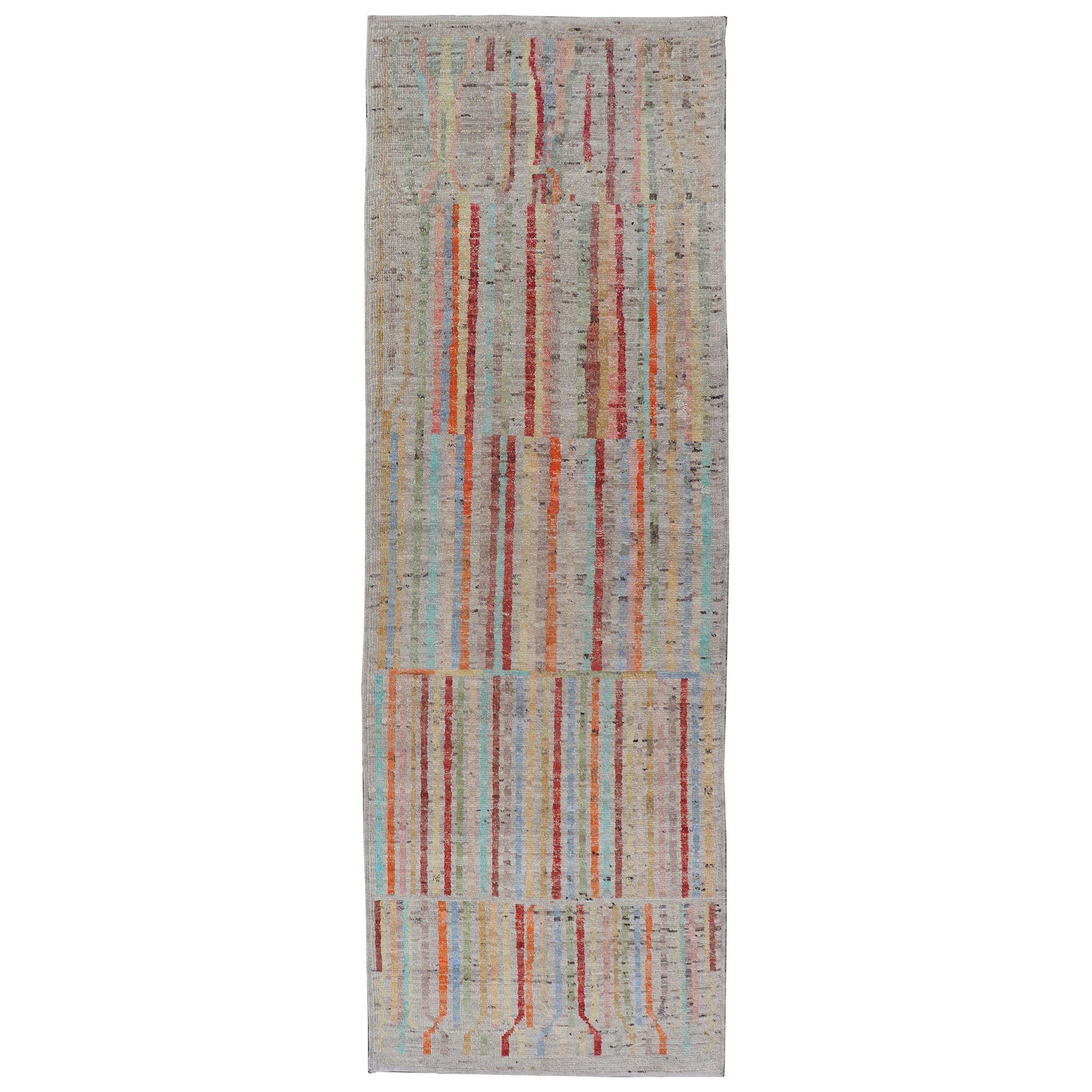 Modern Casual Hand Knotted Piled Runner in Color and Minimalist Modern Design