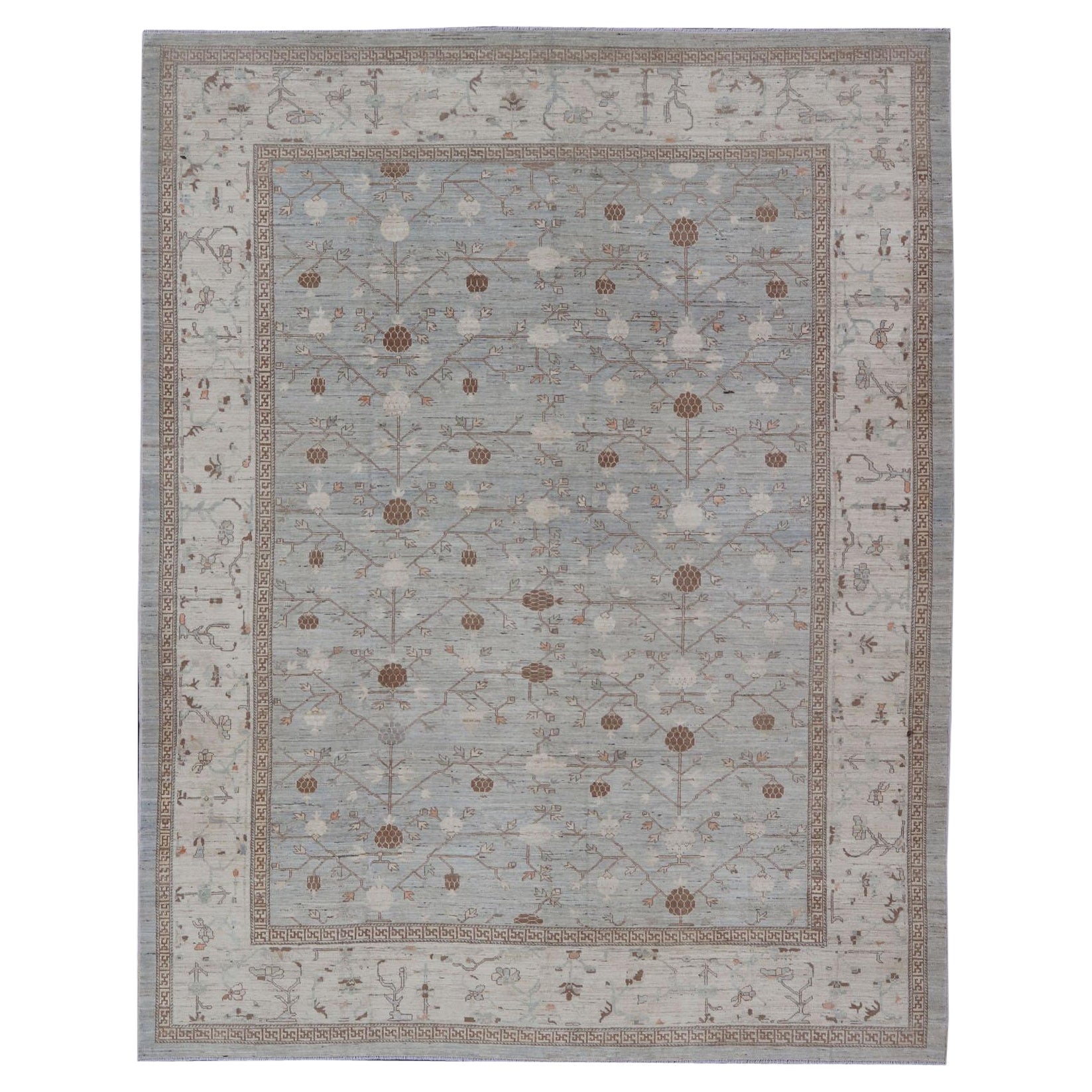 Large All-Over Design Khotan Rug in Grey Blue, Light Brown, Ivory & Taupe