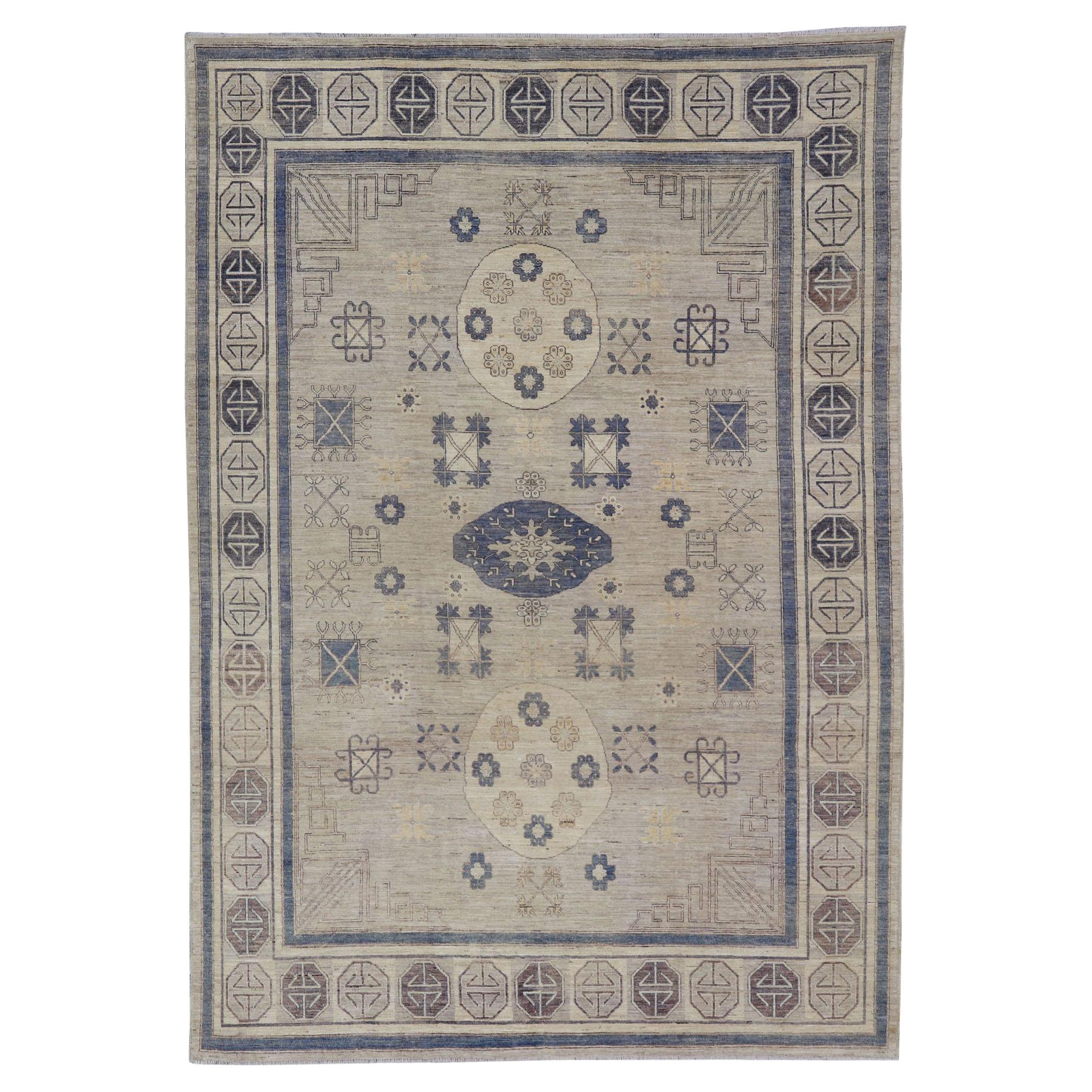 Khotan Design Rug with Geometric Medallions in Royal Blue and Cream For Sale