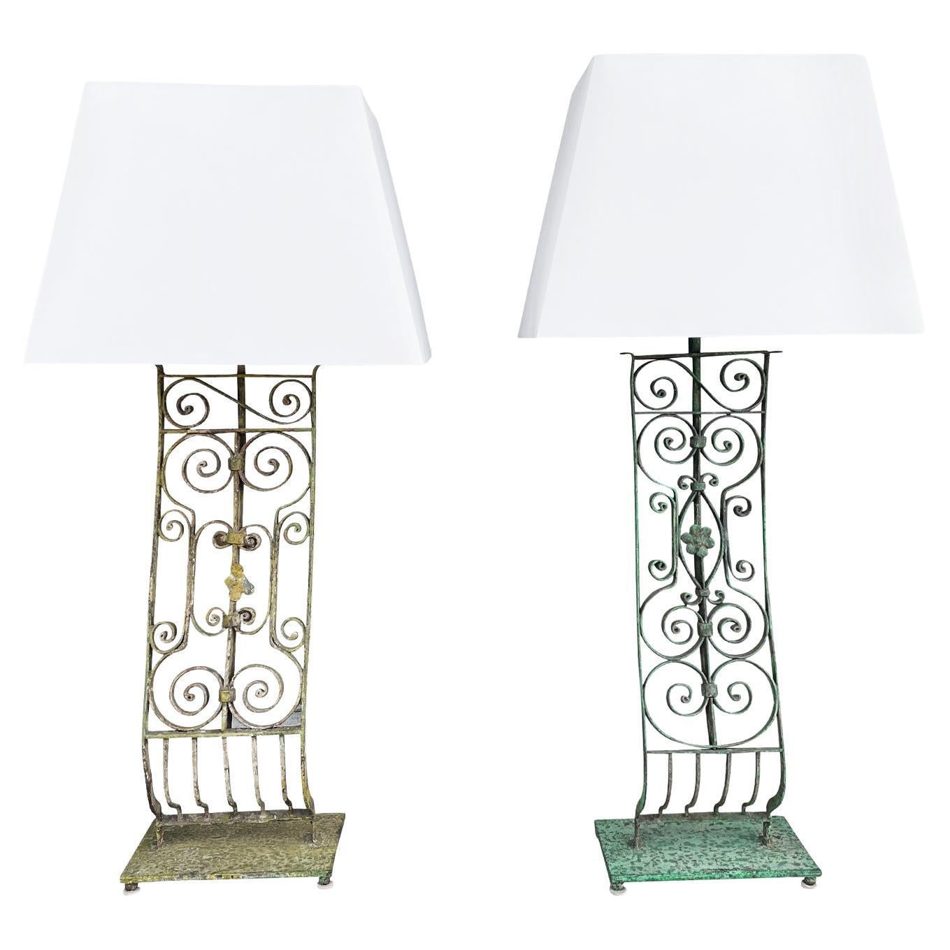 20th Century Green-Yellow French Pair of Similar Vintage Tall Metal Table Lamps For Sale