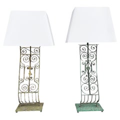 20th Century French Pair of Similar Green-Yellow Antique Tall Metal Table Lamps