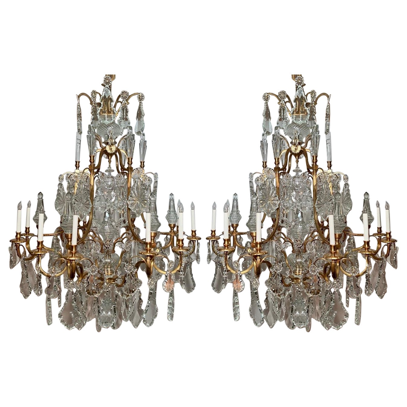 Pair Estate French Baccarat Crystal & Bronze D' Ore Chandeliers, Circa 1940-1950