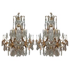 Pair Estate French Baccarat Crystal & Bronze D' Ore Chandeliers, Circa 1940-1950