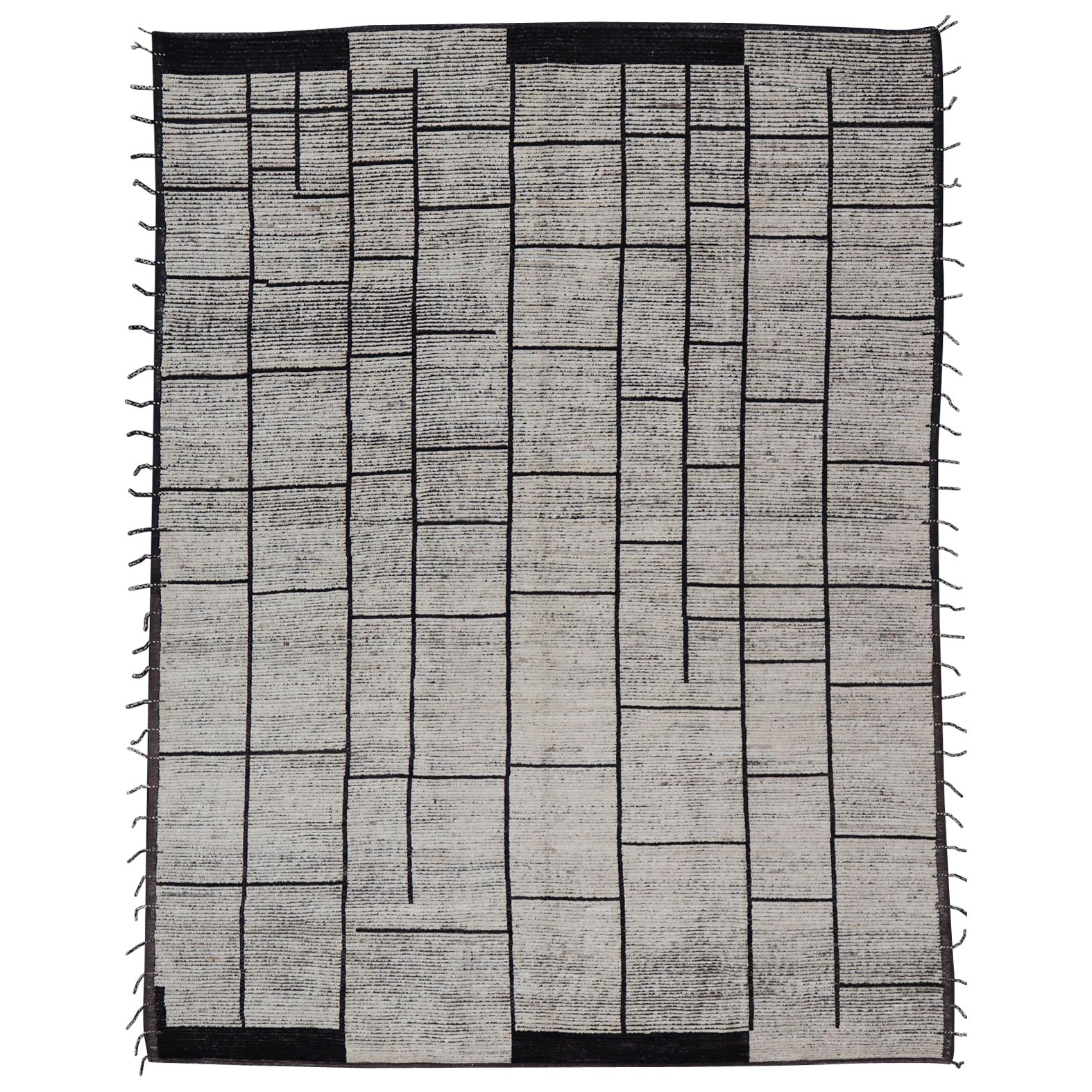 Ungewöhnlicher moderner handgeknüpfter schwarz-weißer, großformatiger, moderner Teppich aus Wolle 