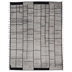Ungewöhnlicher moderner handgeknüpfter schwarz-weißer, großformatiger, moderner Teppich aus Wolle 