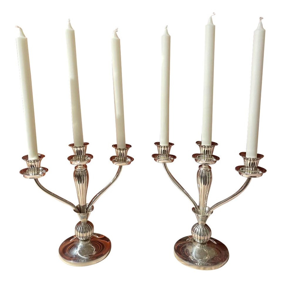 European Art Deco 925 Silver Pair of Candlesticks For Sale