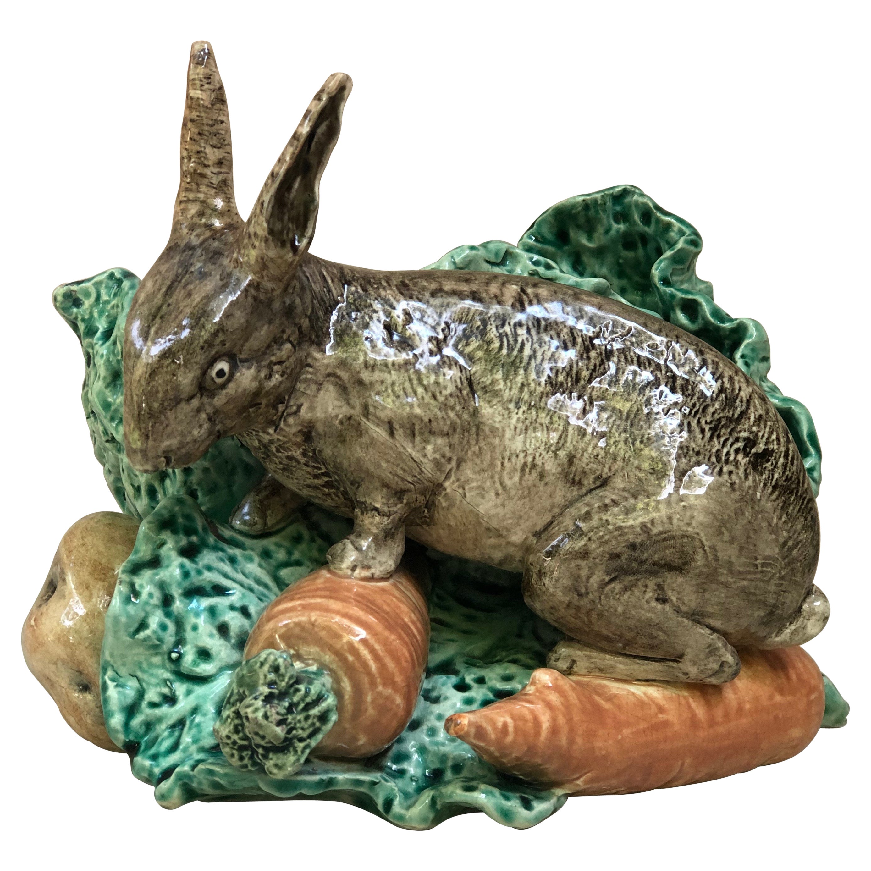 Very Rare Majolica Rabbit Cabbage Jardiniere Fives Lille, Circa 1890