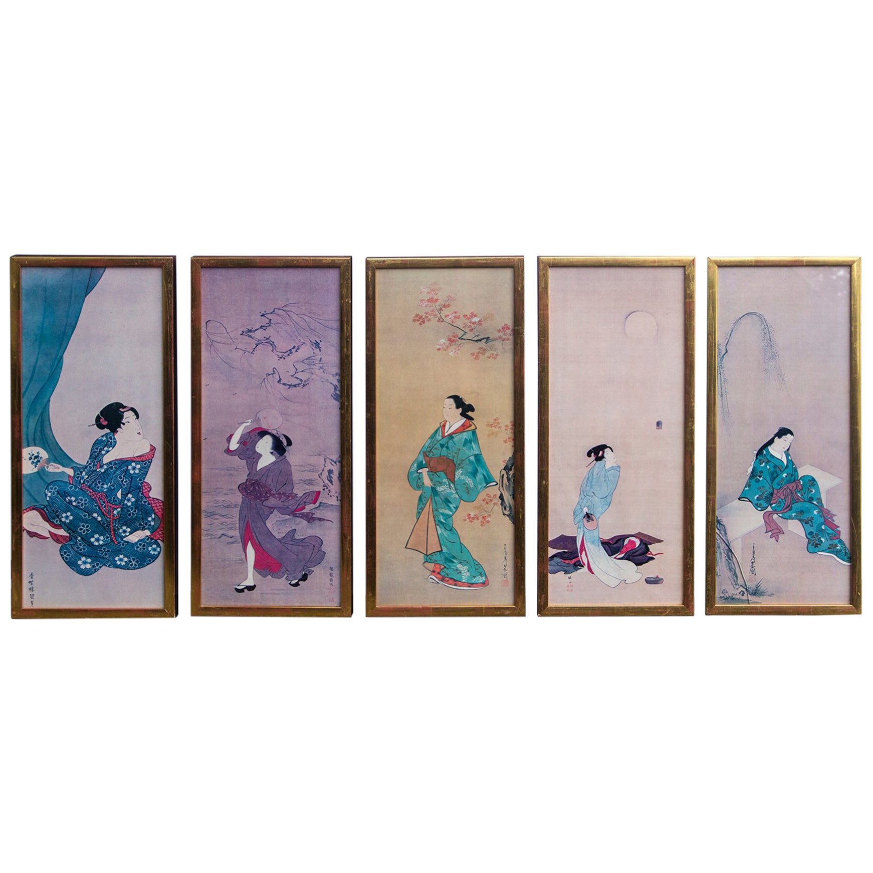 Set of 5 Hand Colored Prints of Japanese Women For Sale