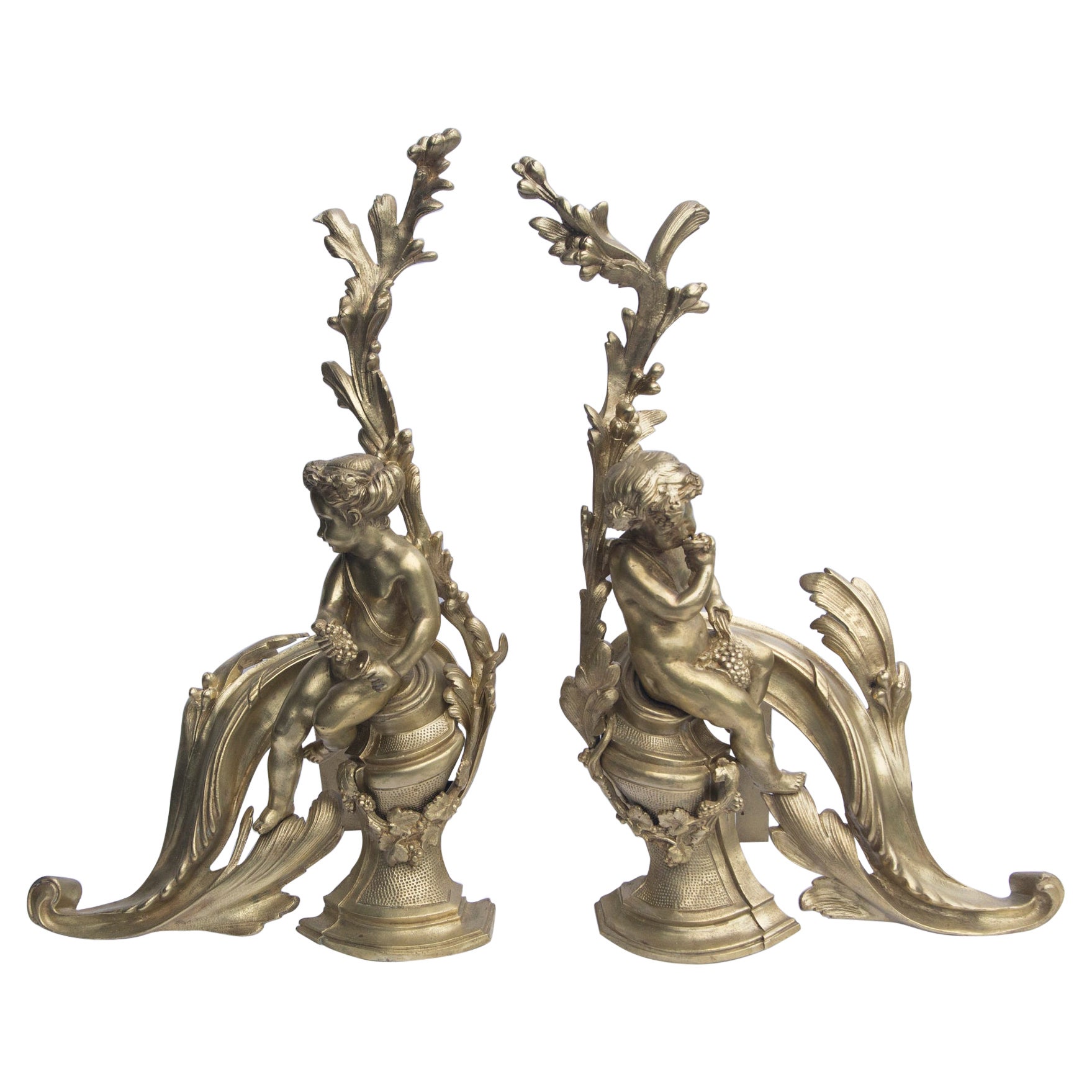 Pair of Gilt Bronze Louis XV Style Chenets For Sale