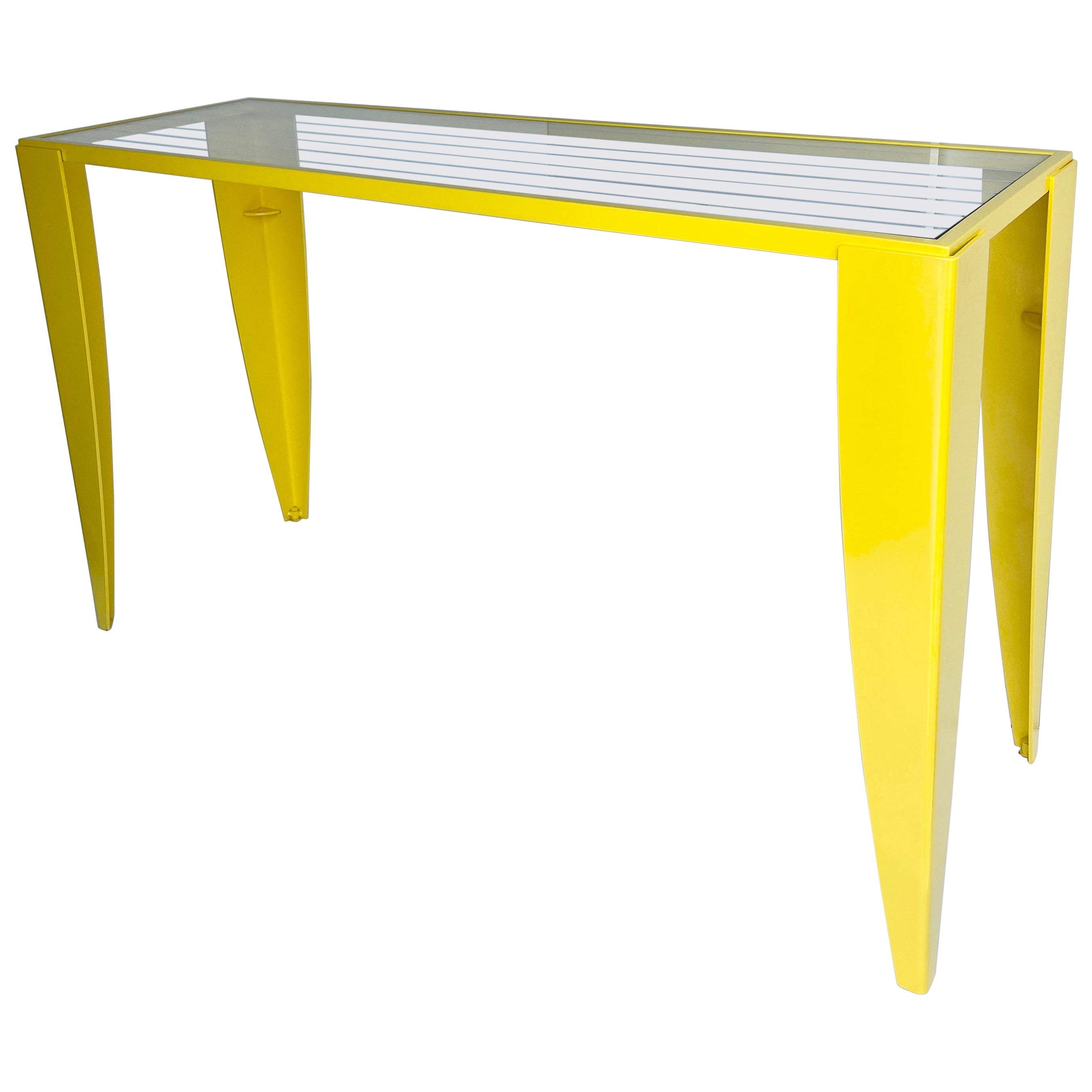 Italian Console Table with Glass Top, Powder Coated Yellow, Mid-Century Modern
