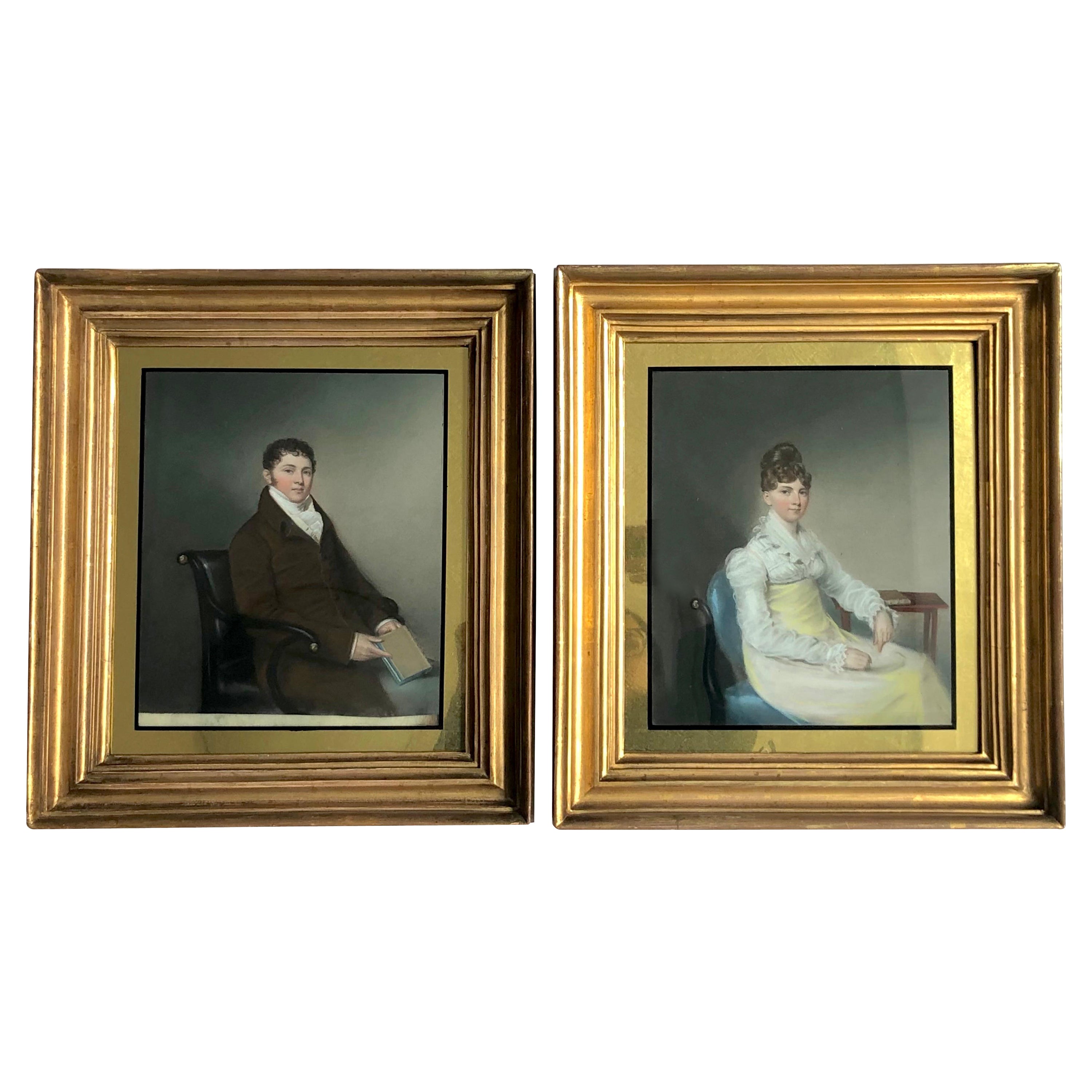 Antique Georgian Pair of Portraits Pastel on Vellum Original Guilt Frames For Sale