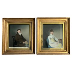 Antique Georgian Pair of Portraits Pastel on Vellum Original Guilt Frames