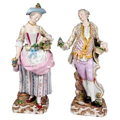 Antique Meissen Large Pair of Figures Gardener Couple, by Kaendler & Schoenheit, Ca 1850