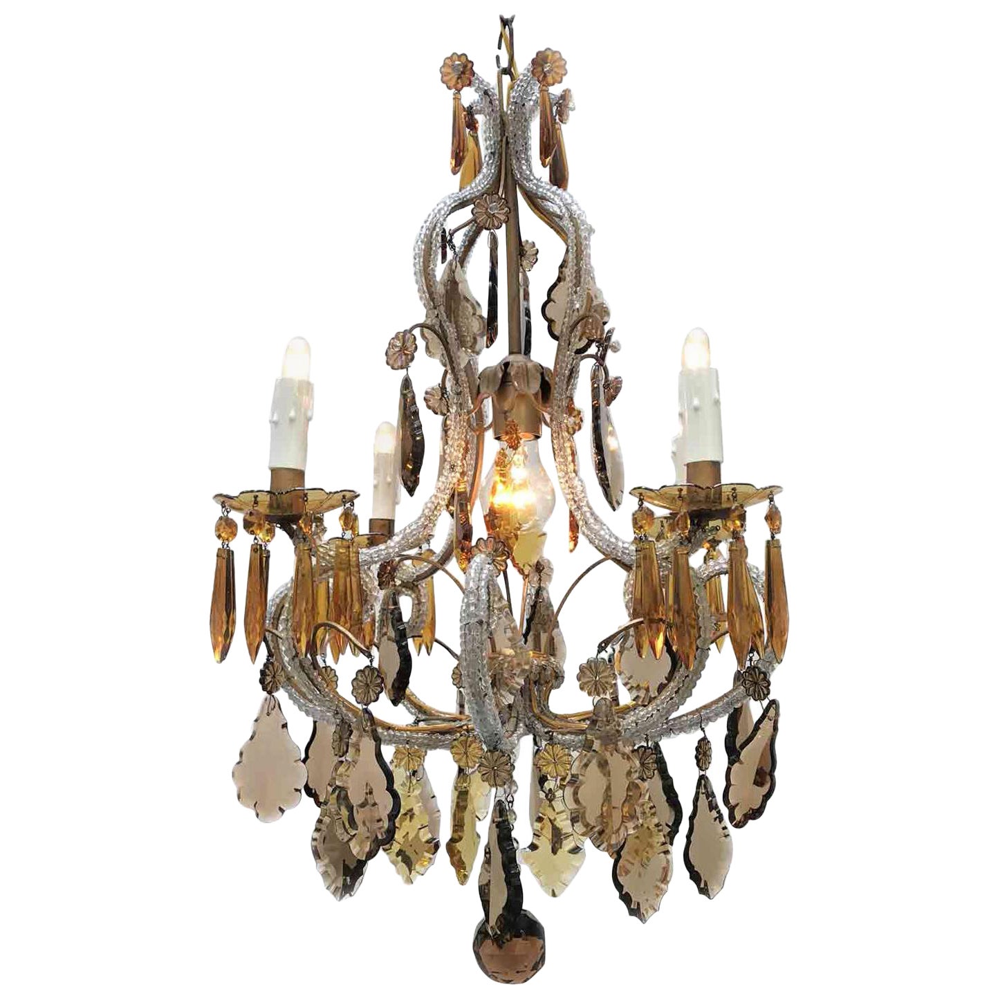 20th Century Italian Beaded Crystal Chandelier with Amber and Grey Colored Drops For Sale