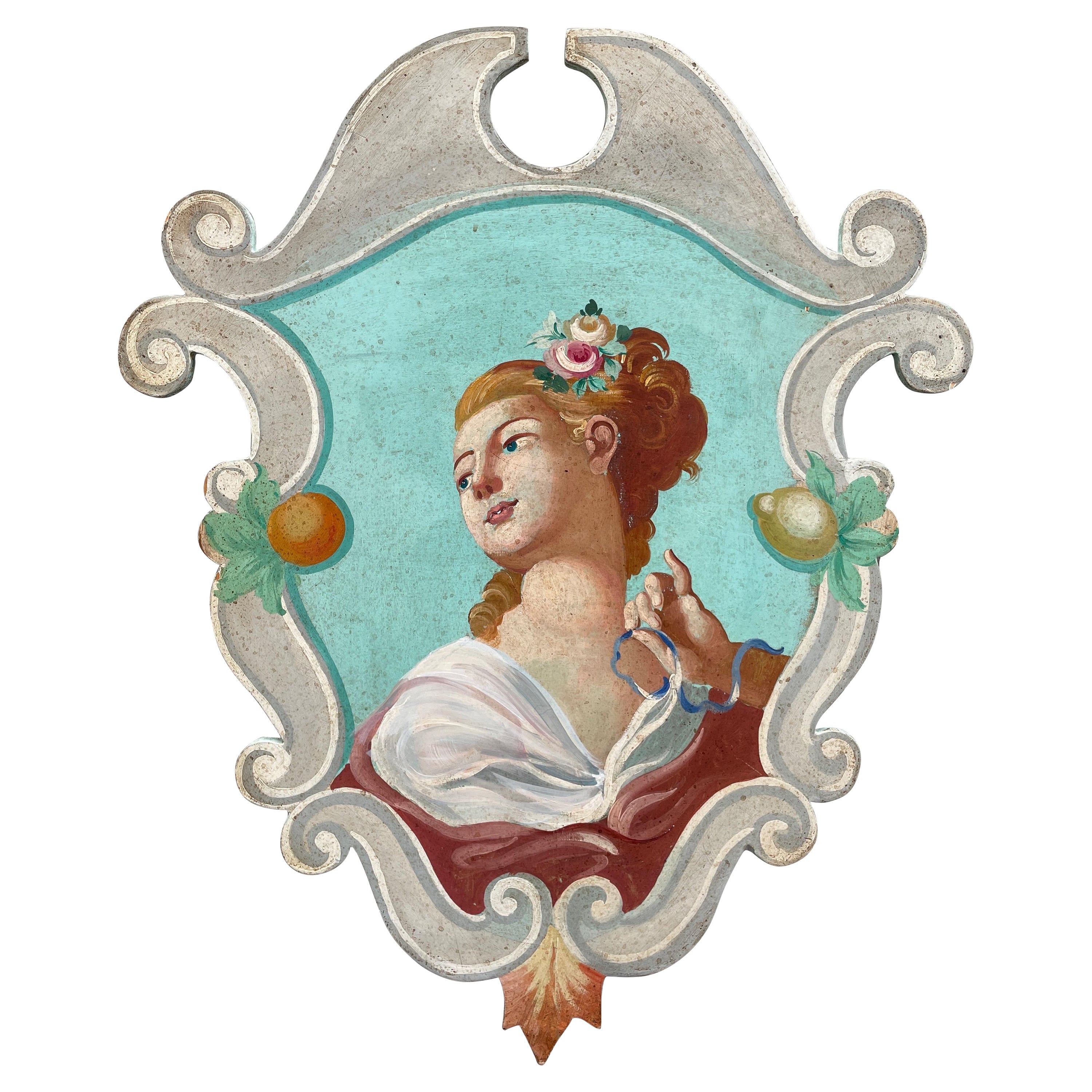 Painting of a Maiden on Board in the Form of a Cartouche For Sale