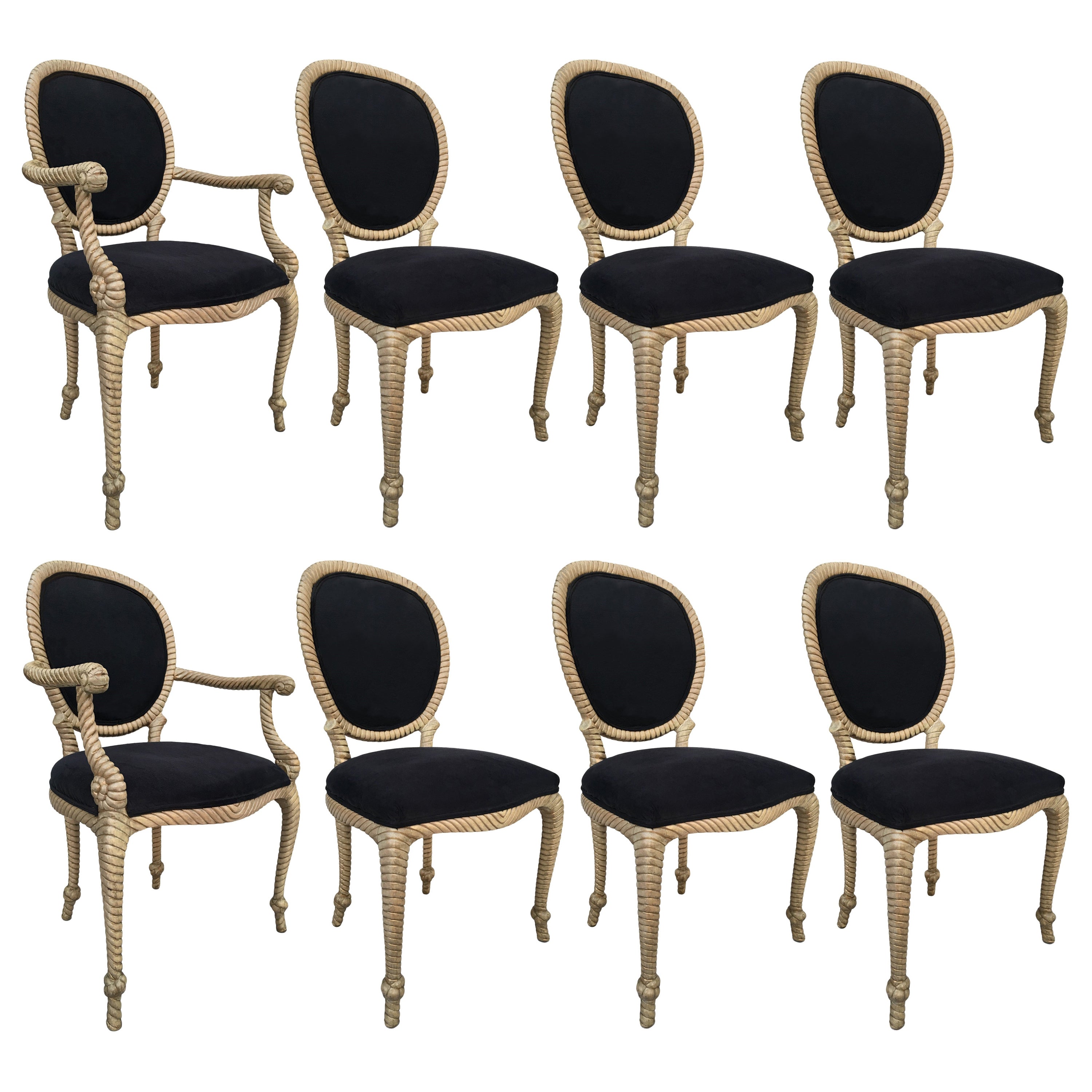 Italian Comini & Modonutti Carved Knotted Rope Chairs, Set of 8 For Sale