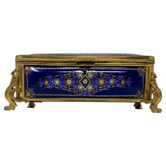 Antique French Gold Bronze and Blue Enameled Porcelain Jewel Box, Circa 1880s.