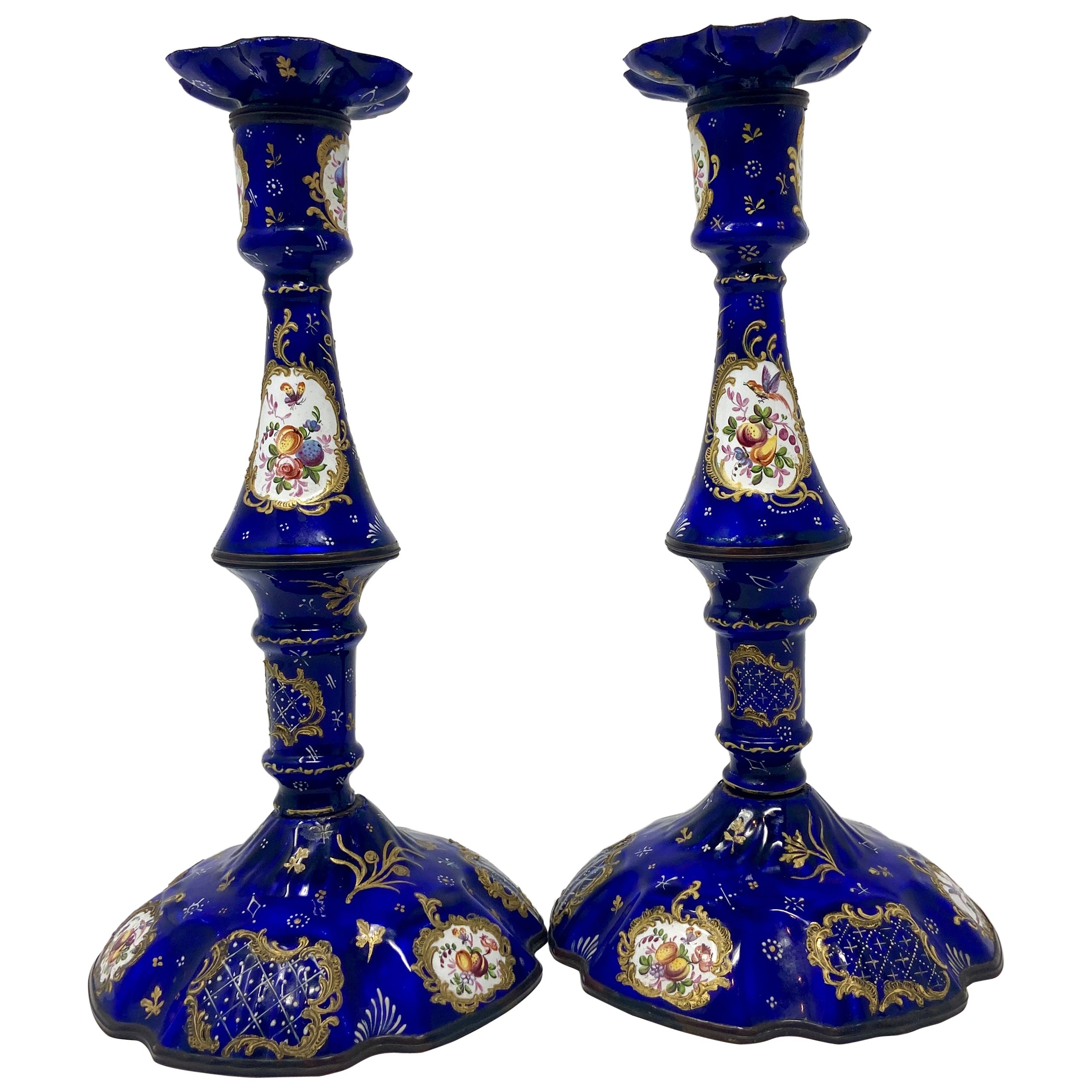Pair Antique French Hand-Painted Blue Enameled Porcelain Candlesticks Circa 1840 For Sale