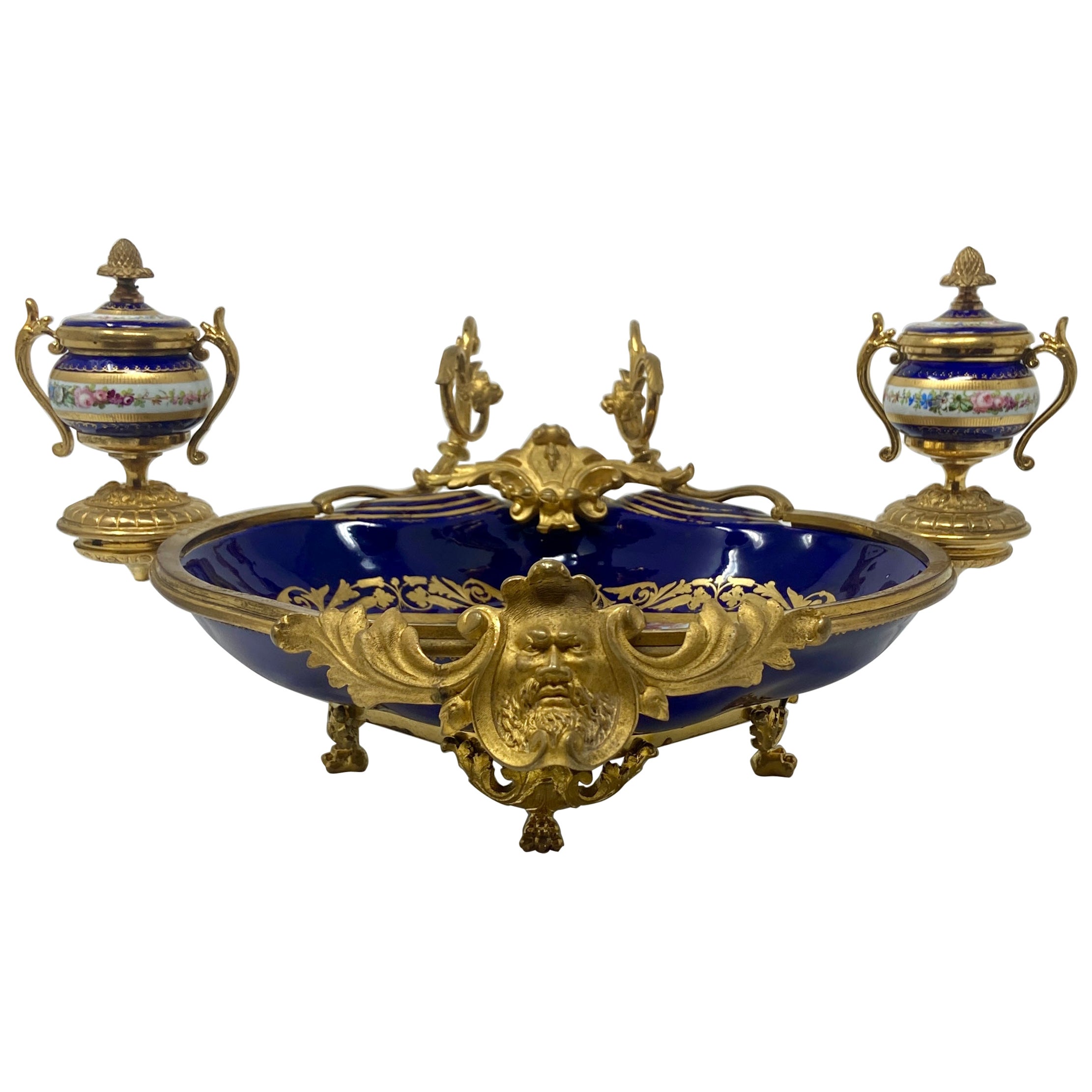 Antique French Ormolu Mounted Blue "Sevres" Porcelain Inkwell, Circa 1860-1880.