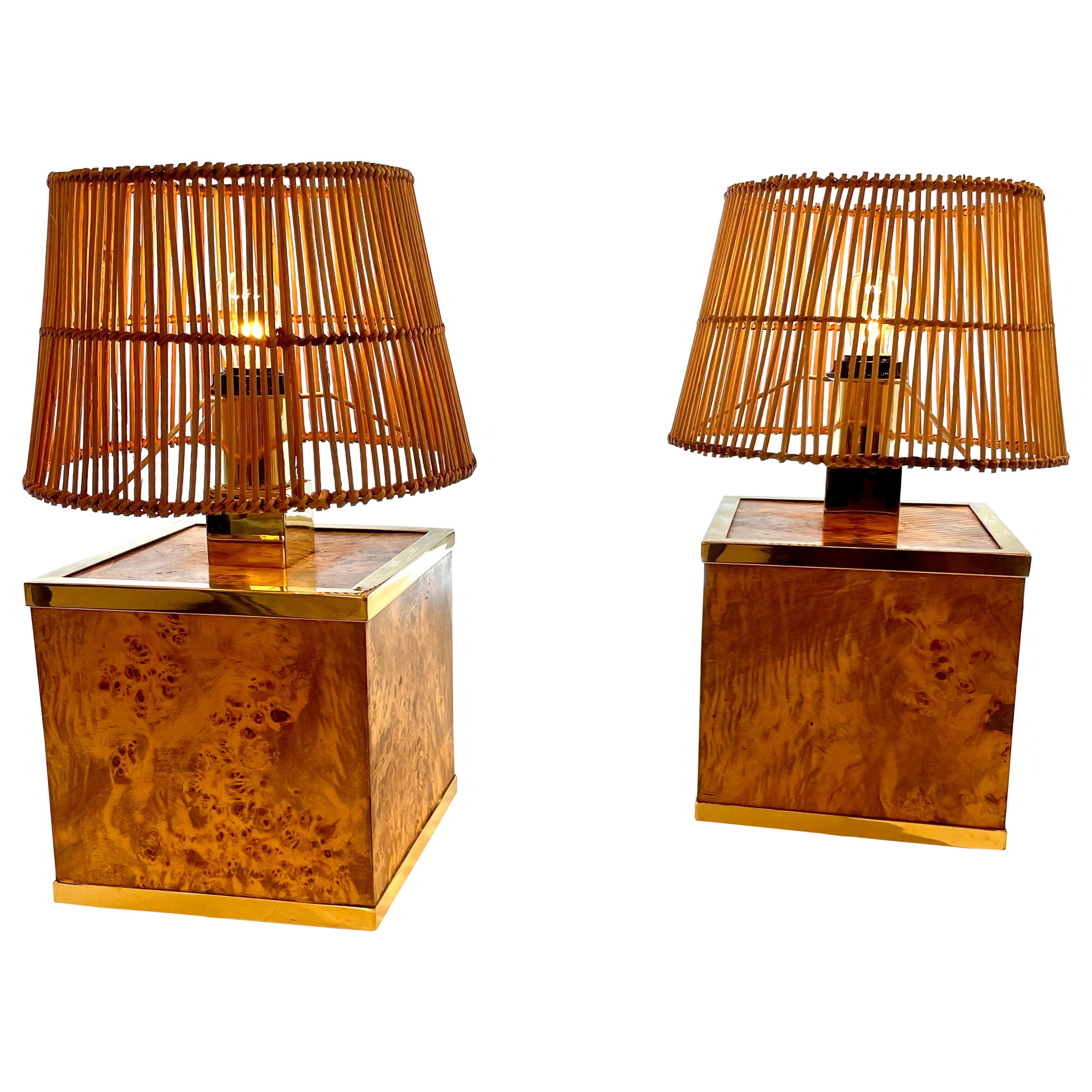 Pair of Vintage Italian Burl Wood & Brass Table Lamps