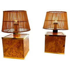 Pair of Vintage Italian Burl Wood & Brass Table Lamps