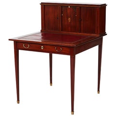 Antique Writing Desk with Red Leather Writing Board, a Drawer, and Shelving