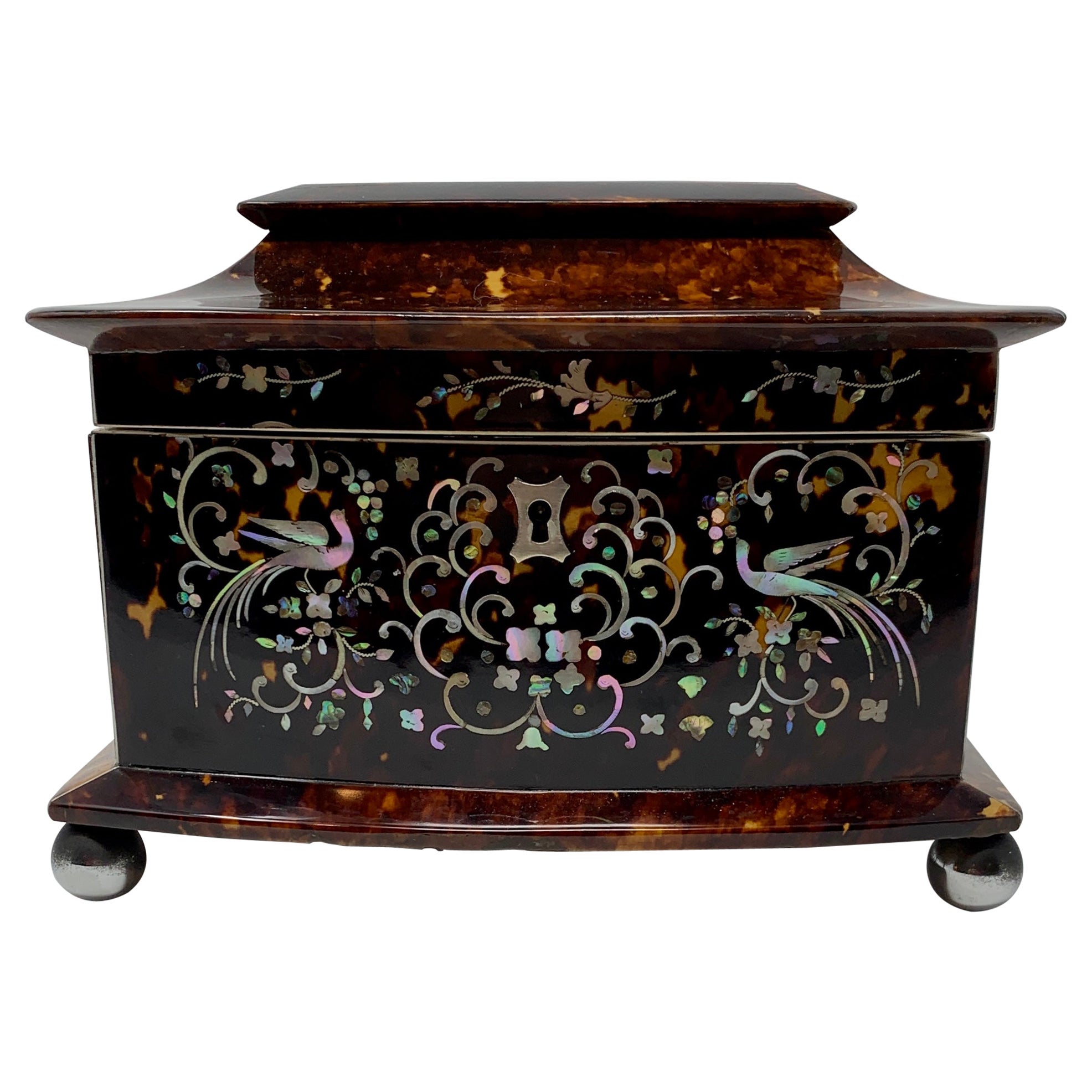 Antique English Tortoise Shell Tea Caddy with Inlaid Mother of Pearl circa 1870s