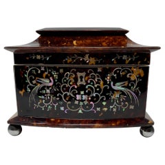 Antique English Tortoise Shell Tea Caddy with Inlaid Mother of Pearl circa 1870s