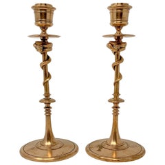Pair Antique 19th Century French Gold Bronze Snake Candlesticks By Barbedienne 