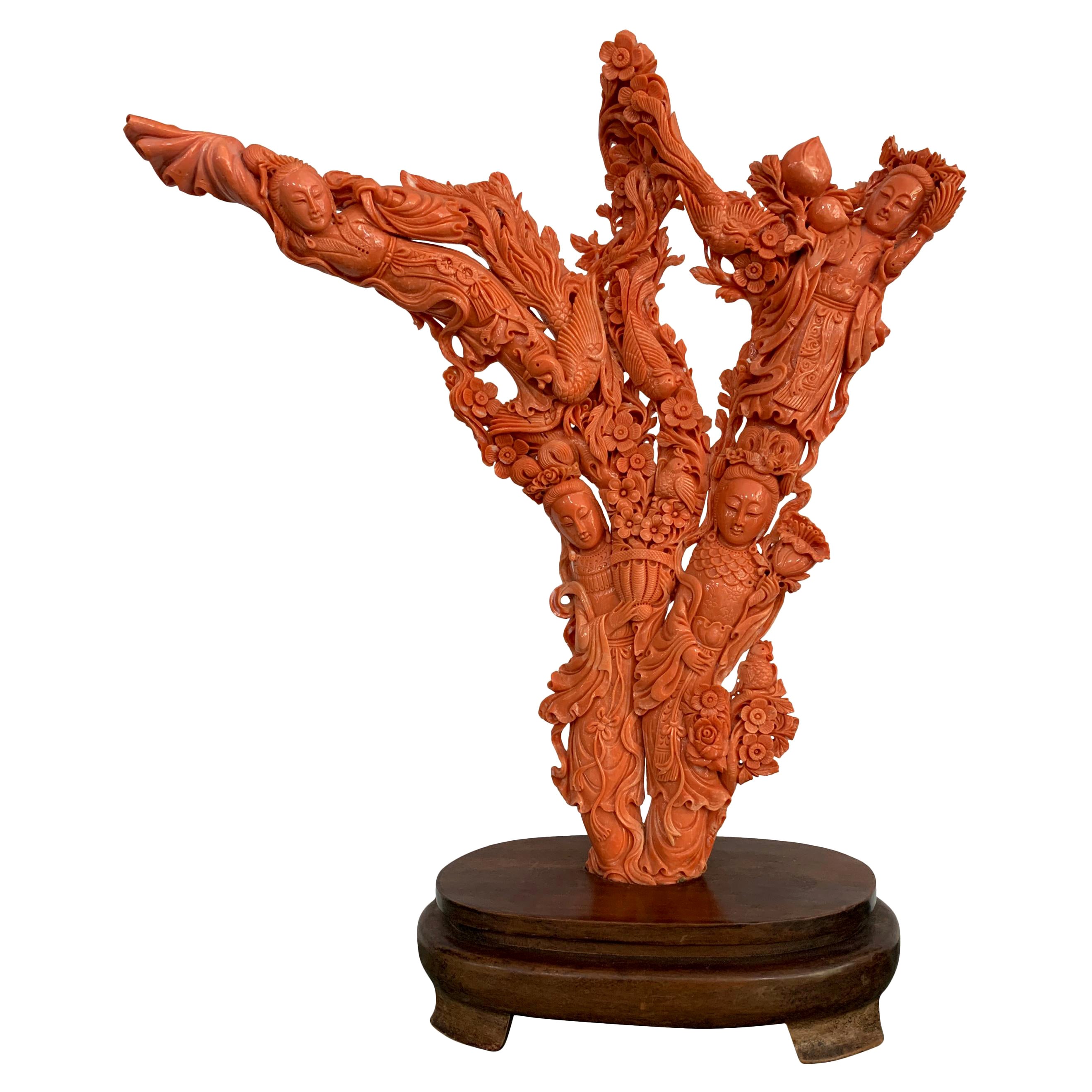 Gran Grupo Figural Chino de Dama Inmortal Tallada en Coral