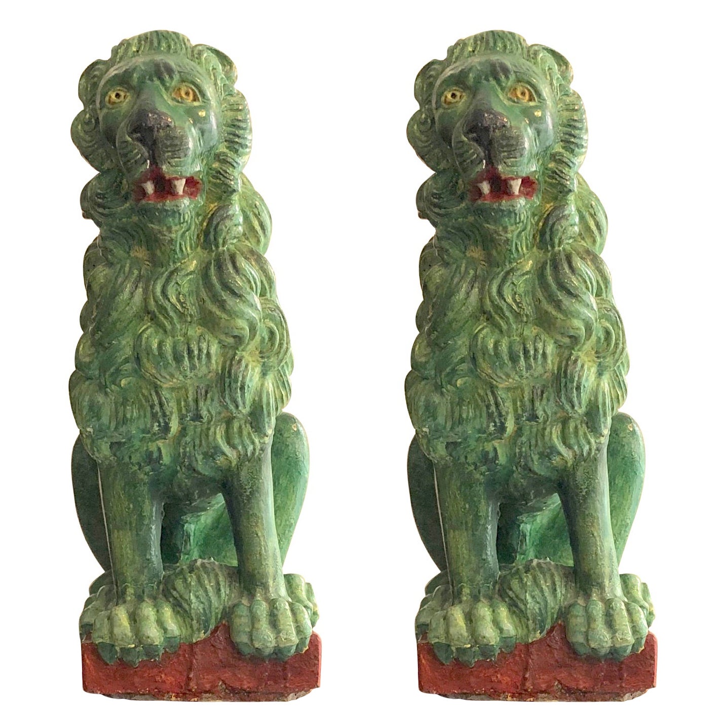 Pair of Antique Green Chinese Stone Cast Lions Sculptures Garden Ornaments