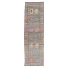 Modern Runner with Tribal Motifs in Warm Gray Background and Vivid Multi Colors