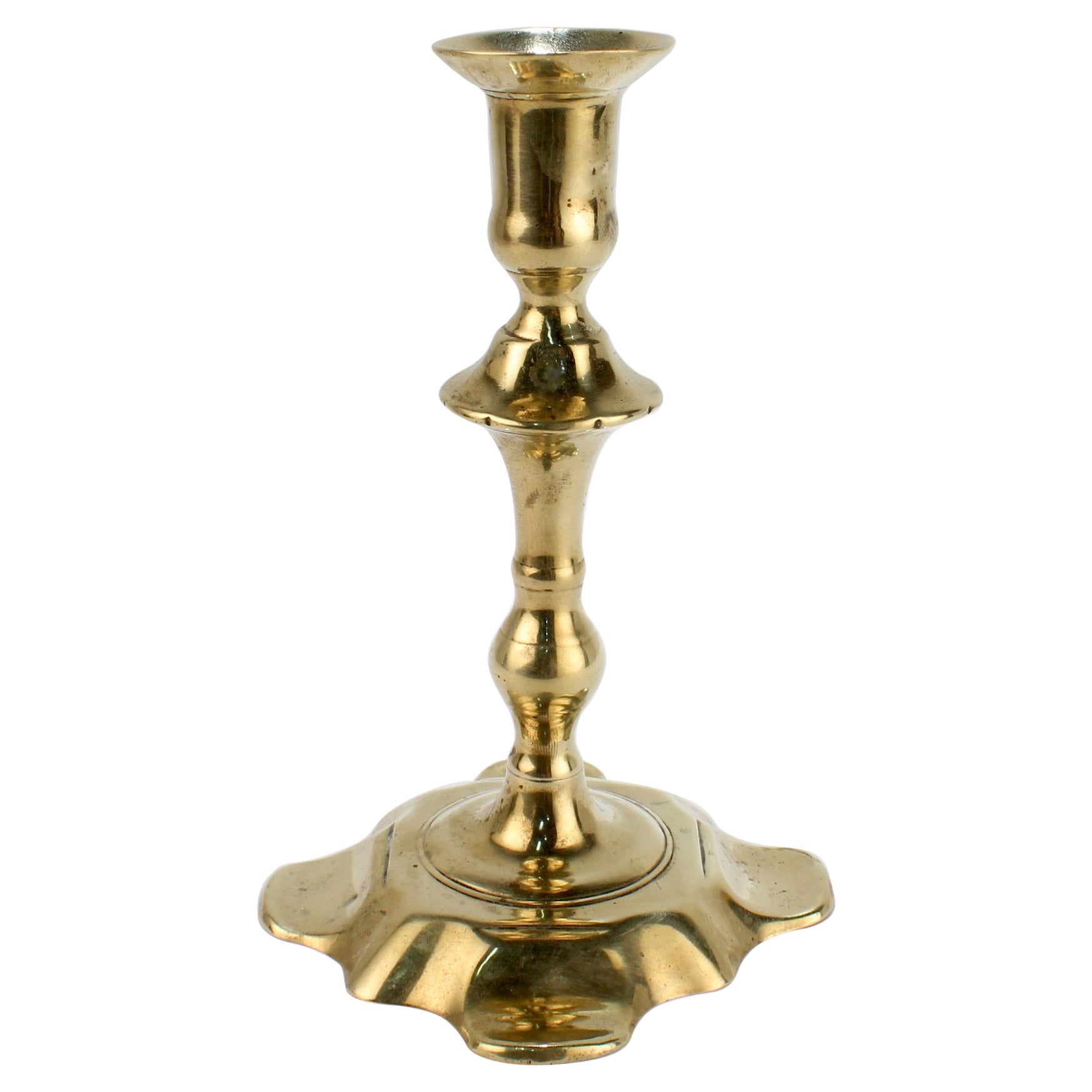 Antique 18th Century George II English Brass Petal Base Single Candlestick For Sale