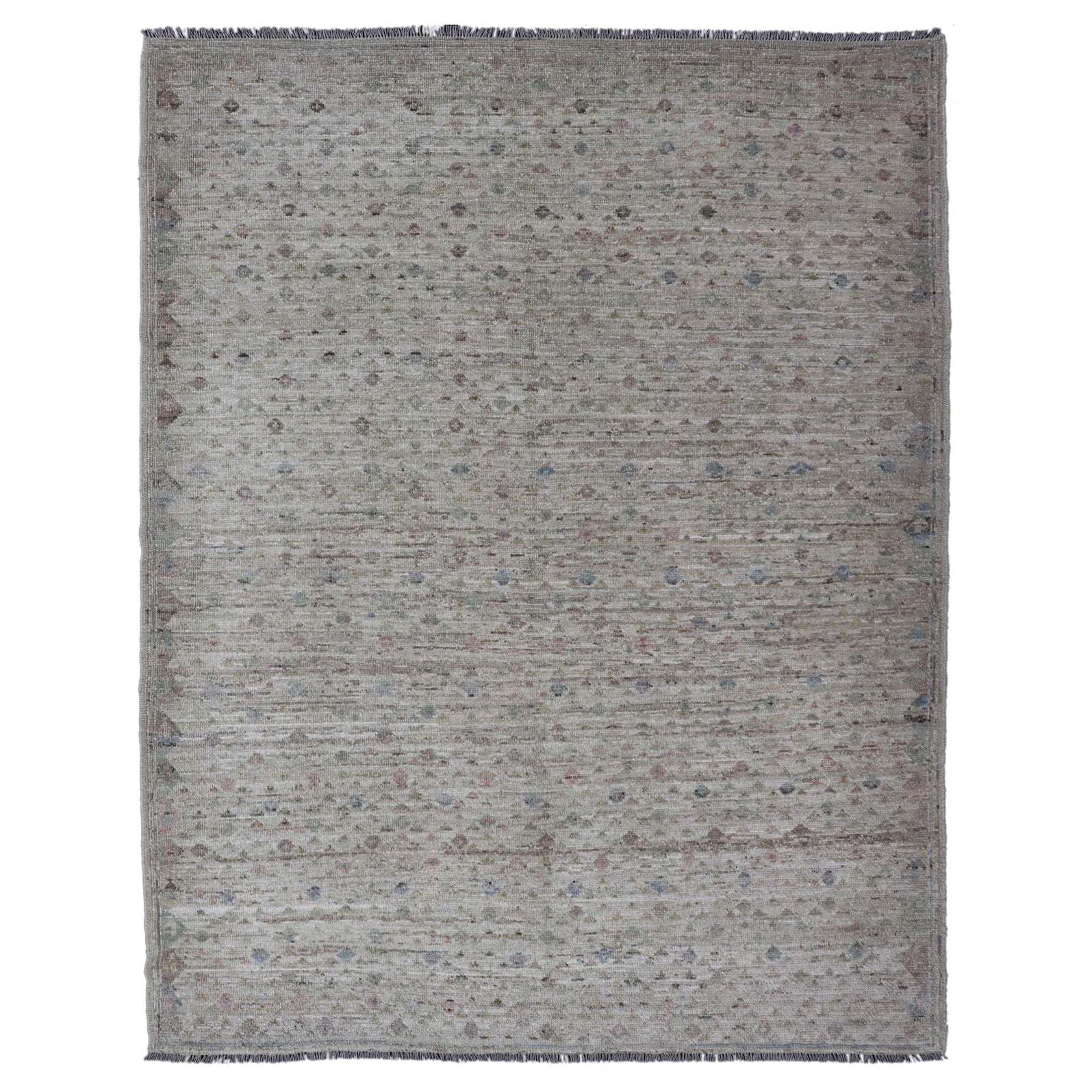 Modern Piled Rug with All-Over Design in Muted Colors and Cream Background For Sale
