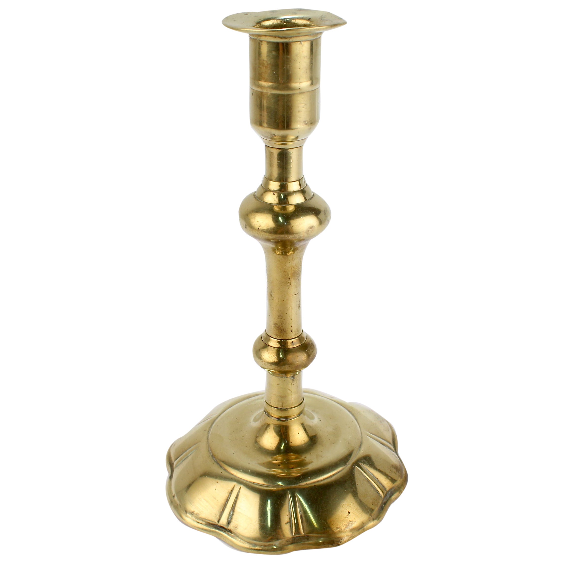 Antique 18th Century George II English Brass Petal Base Single Candlestick