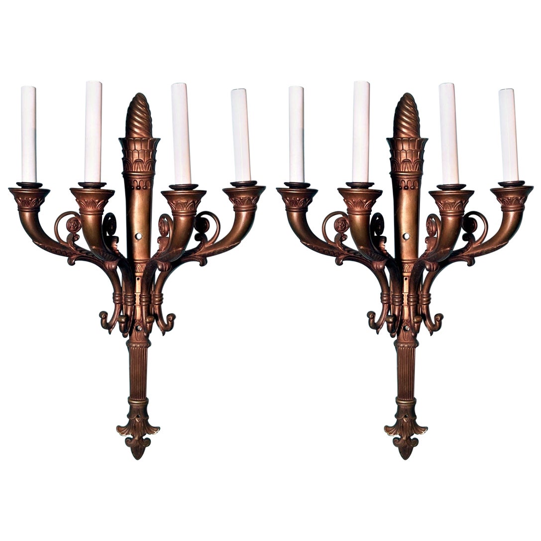 Pair Antique French Empire Gold Bronze Wall Sconces, Circa 1900 For Sale