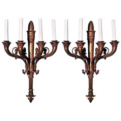 Pair Antique French Empire Gold Bronze Wall Sconces, Circa 1900