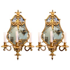 Pair Antique Art Deco Mirrored 3-Light Wall Sconces, circa 1920's