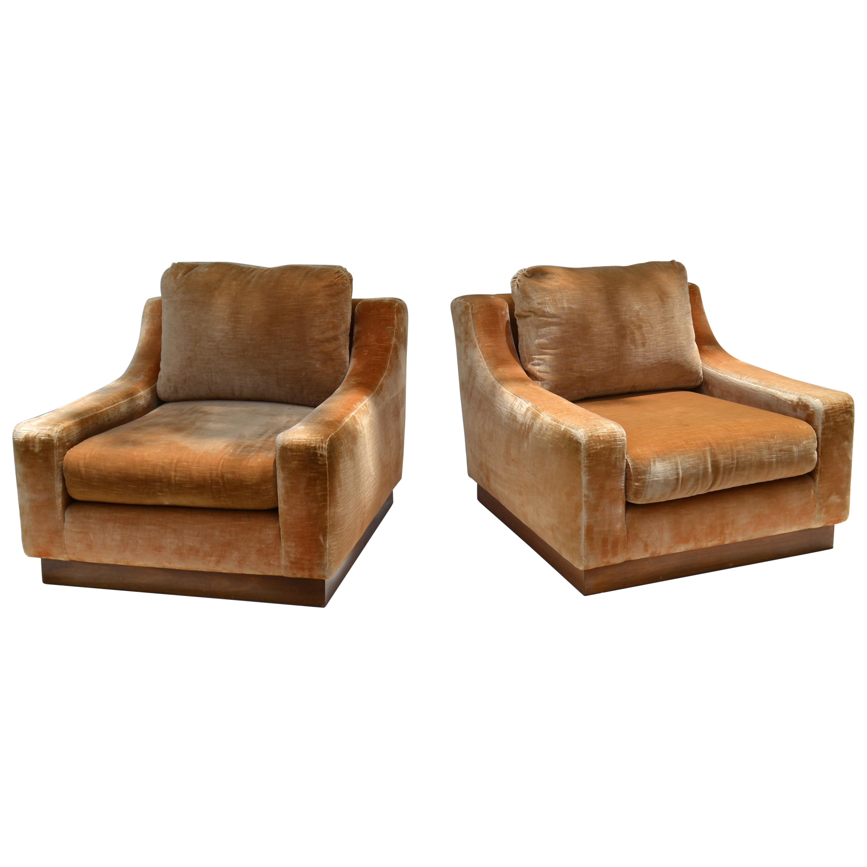 French lounge Mid-Century Modern Beige Corduroy & Wood Lounge Chair Pair