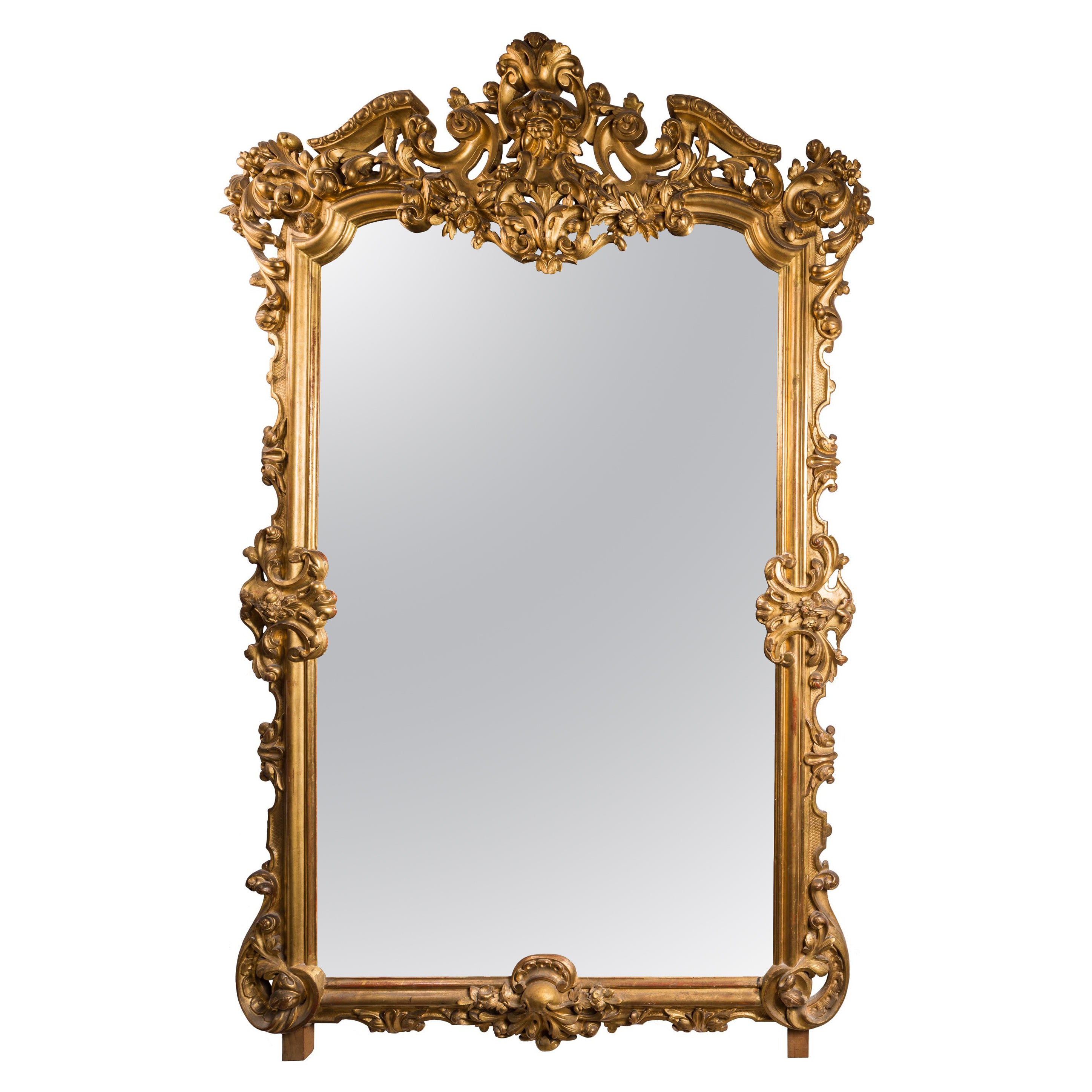 Antique 19th C. French Louis XIV Style Giltwood Wall Mirror, Carved Details For Sale