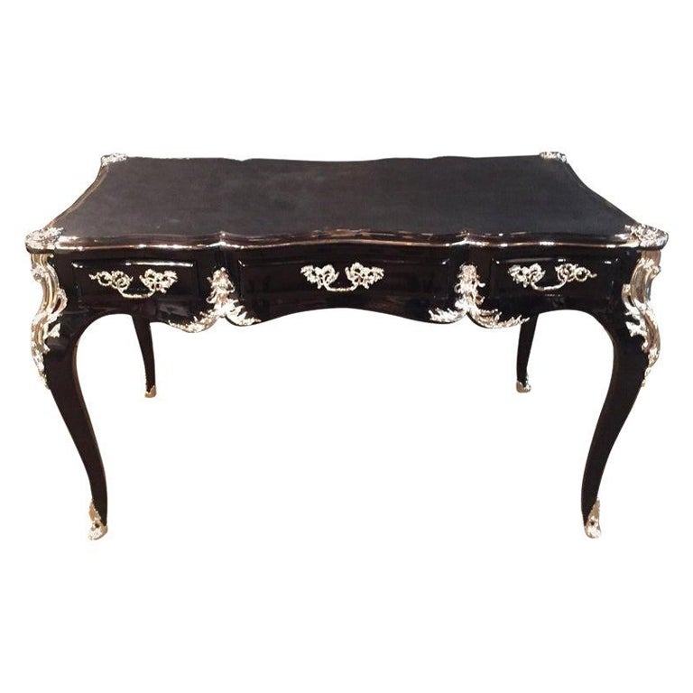 20th Century antique Louis XV Style Bureau Plat Writing Table Piano Black For Sale