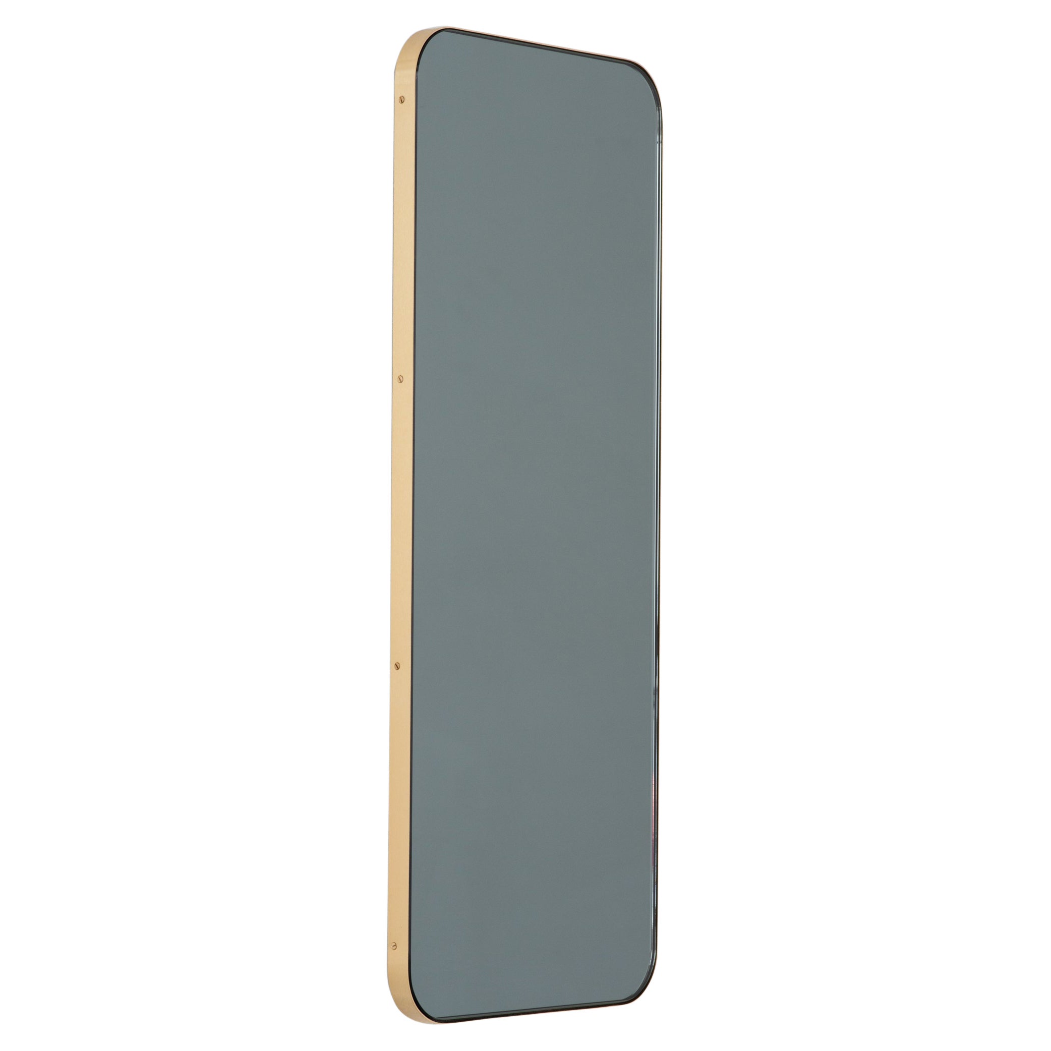 Quadris Black Tinted Rectangular Contemporary Mirror with a Brass Frame, Small For Sale